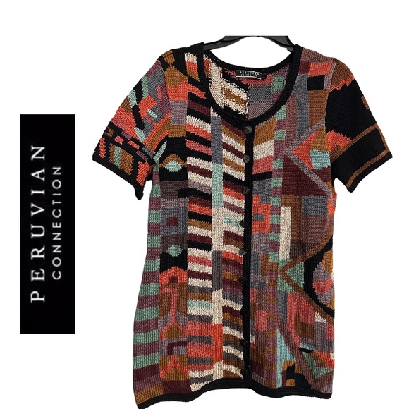 Peruvian Connection Sweaters - Peruvian Connection Multicolor L Print Knit Full Button Down Cardigan Sweater